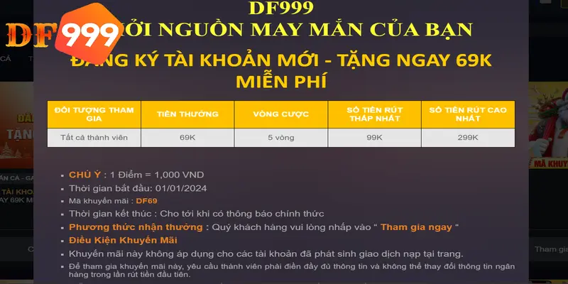 Đăng ký tài khoản DF999 nhận ngay 69K miễn phí 